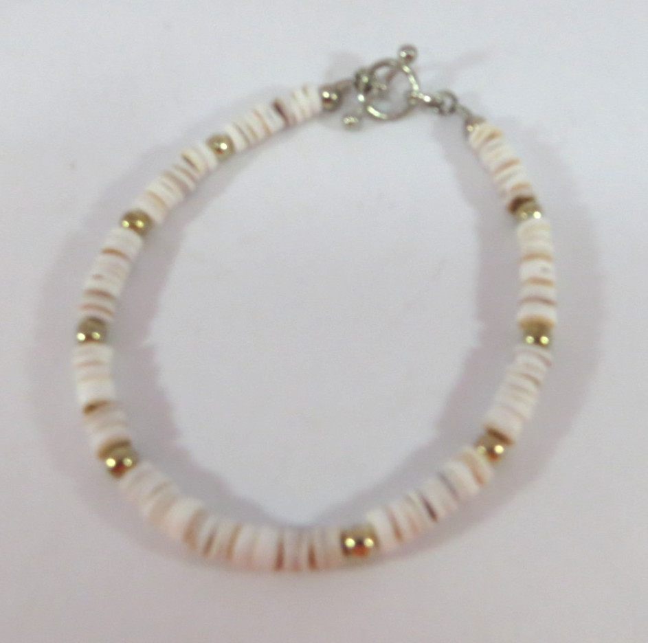 Heishi Bracelet, 8.25 in, Heishi White/Beige Shell & Silver-tone beads