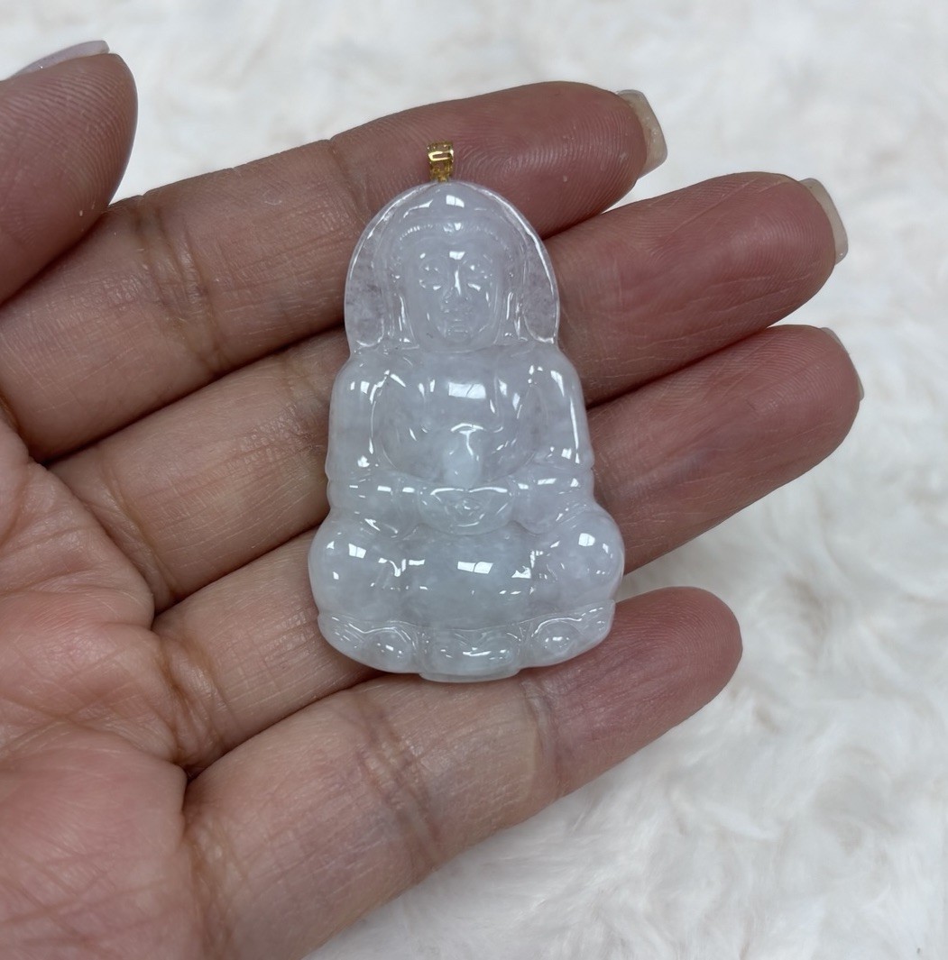 Natural Grade A Icy White Jadeite Guanyin Pendant，18k gold discount