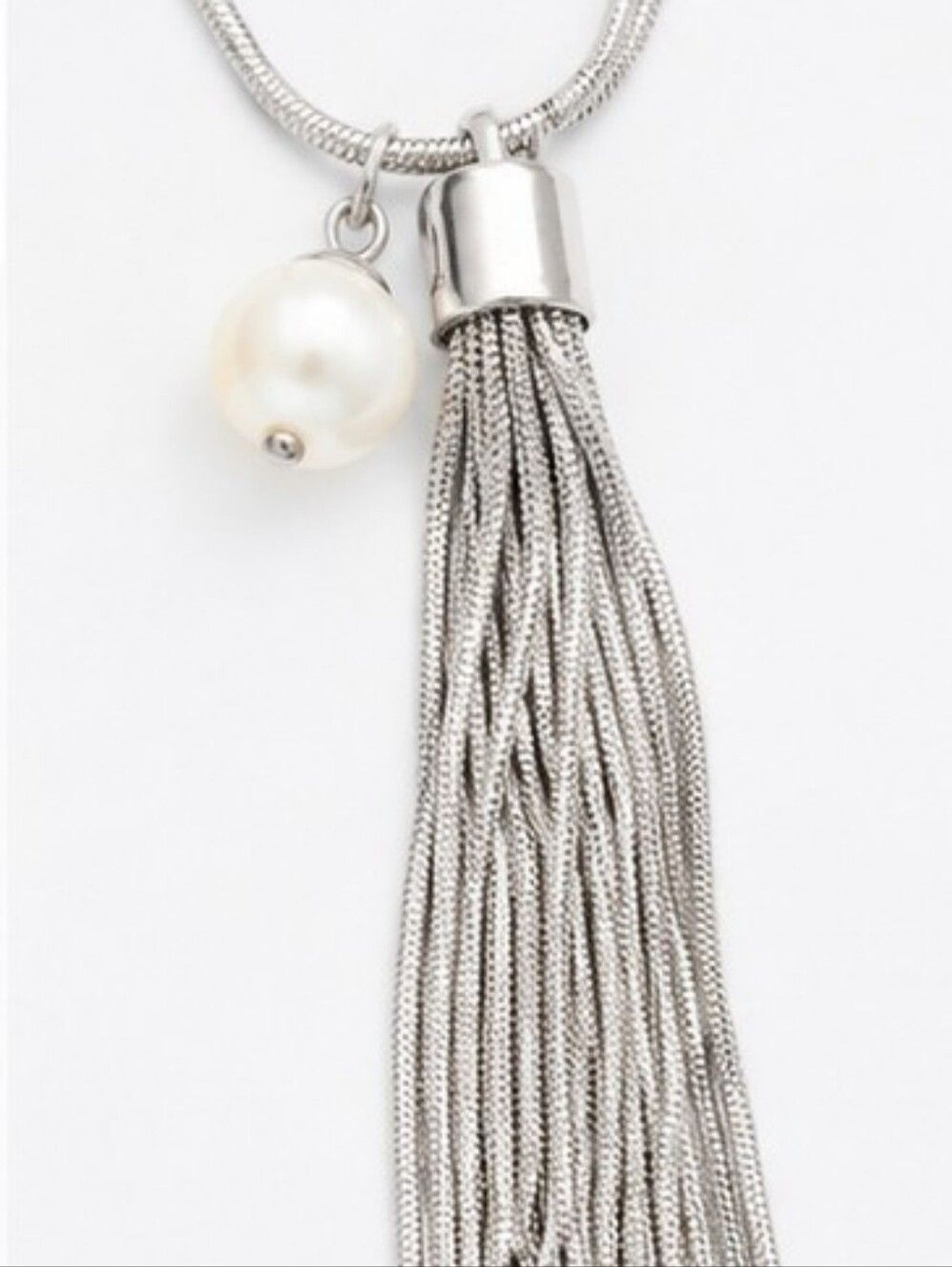 White House Black Market Silver Tone Tassel Necklace Faux Pearl Long Statement