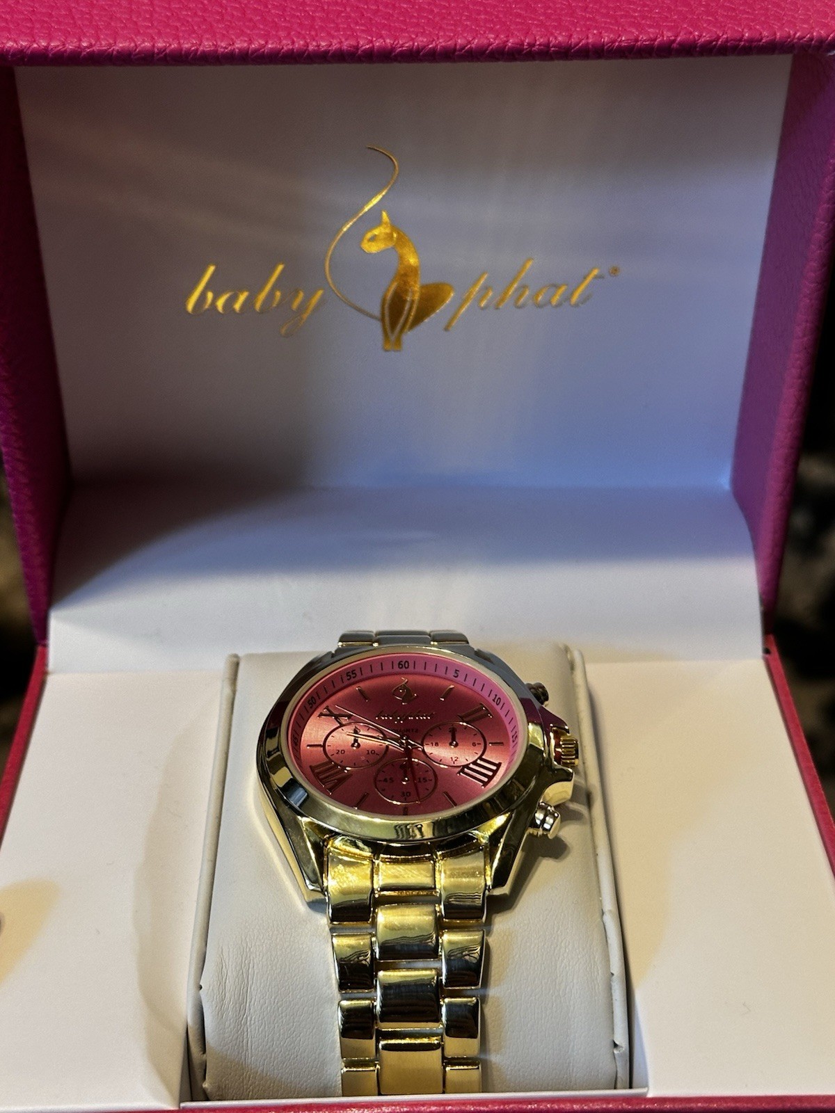 Baby Phat Quartz Chronograph Pink Dial Gold-Tone Metal Bracelet Watch w/ Box