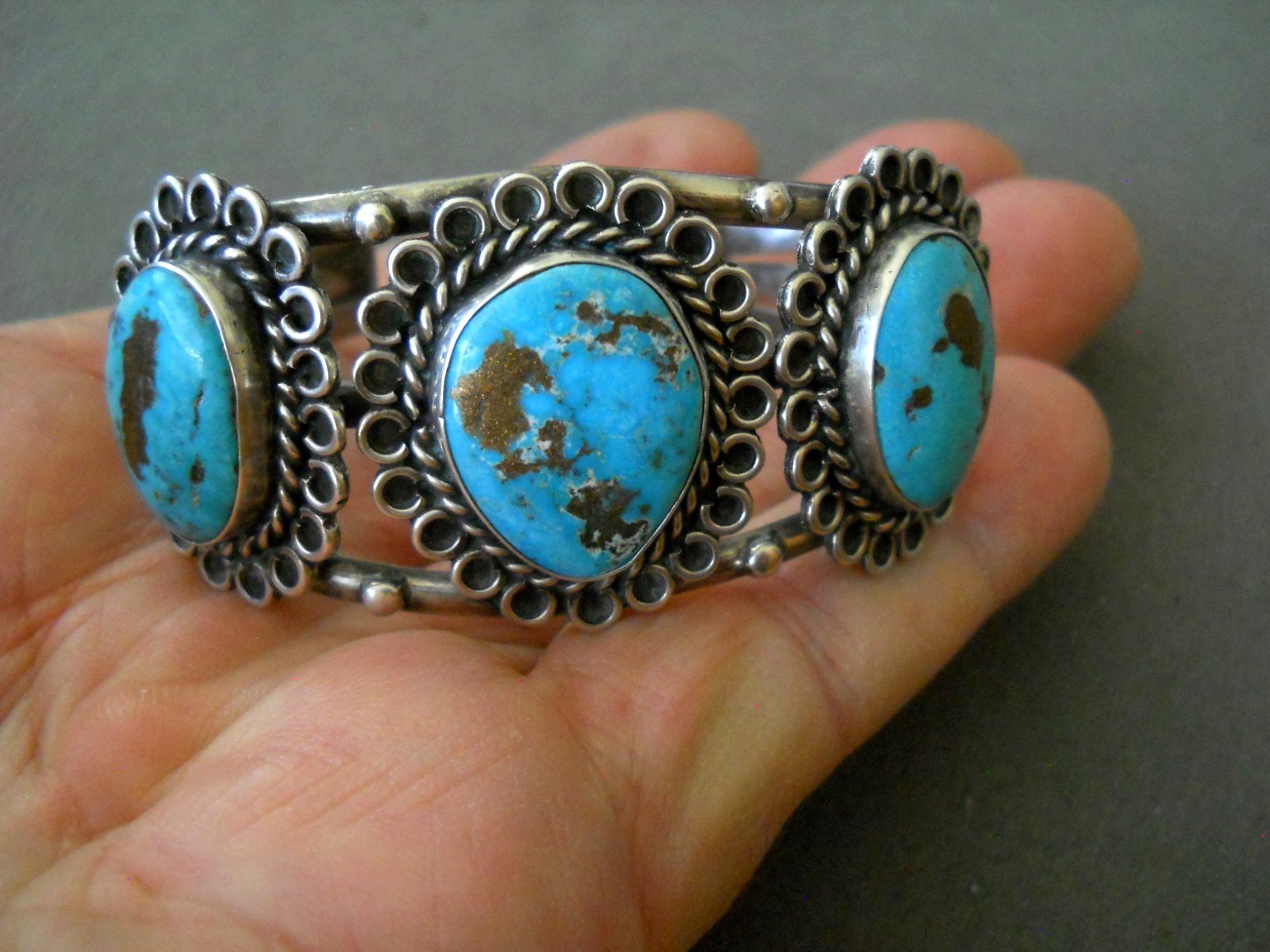 Native American Navajo Blue Turquoise w/Pyrite Sterling Silver Cuff Bracelet 40g