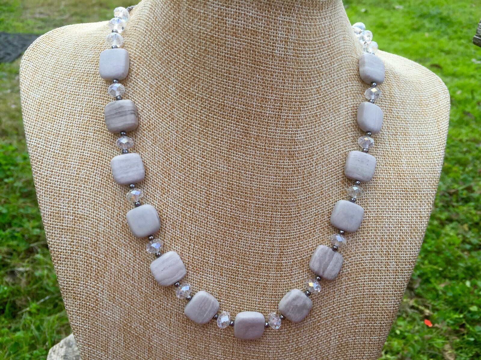 Handmade Necklace of Gray and Cream Marble, Clear Crystal, and Black Metal Beads