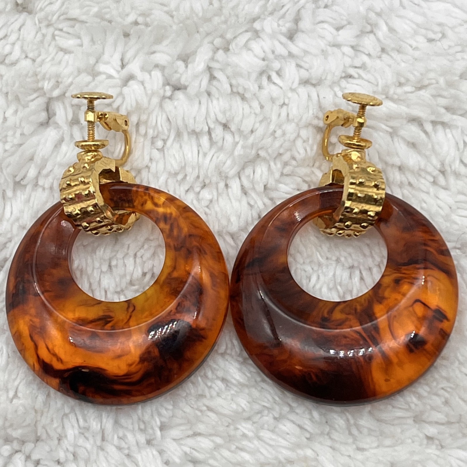 Vintage Door Knocker Earrings Accessocraft Screw Backs Faux Tortoise Lucite 2″