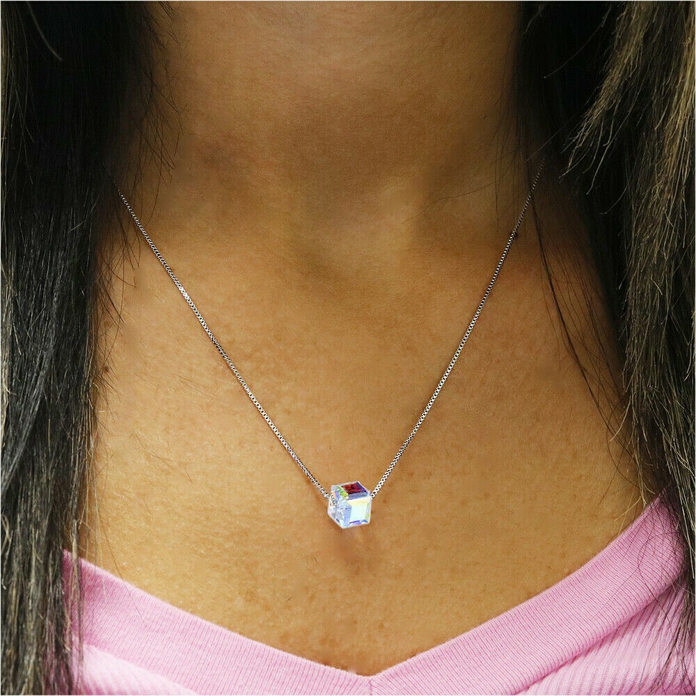 Aurora Borealis Square Crystal Cube Necklace & Stud Earrings Jewelry set