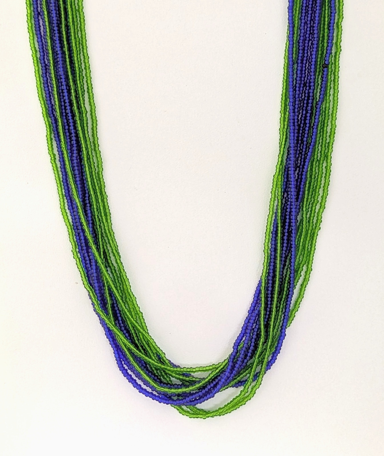 Multistrand Blue and Green Glass Seed Bead Necklace