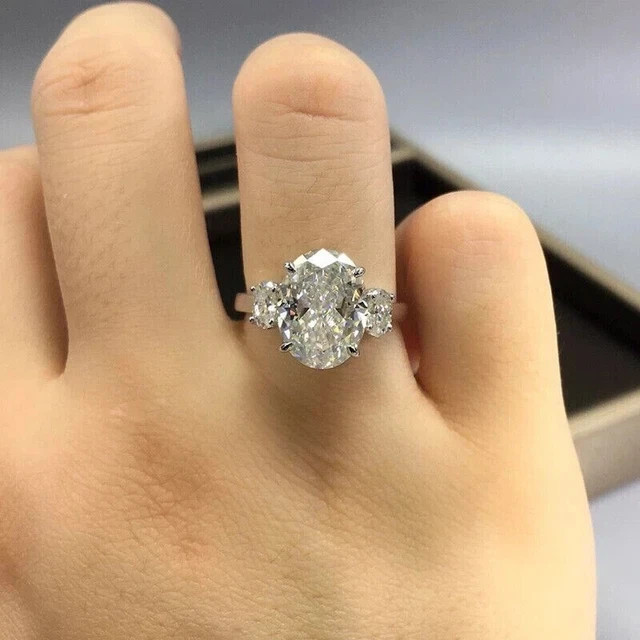 7ct Oval Cut Real Moissanite Three Stone Engagement Ring 14K White Gold Plated