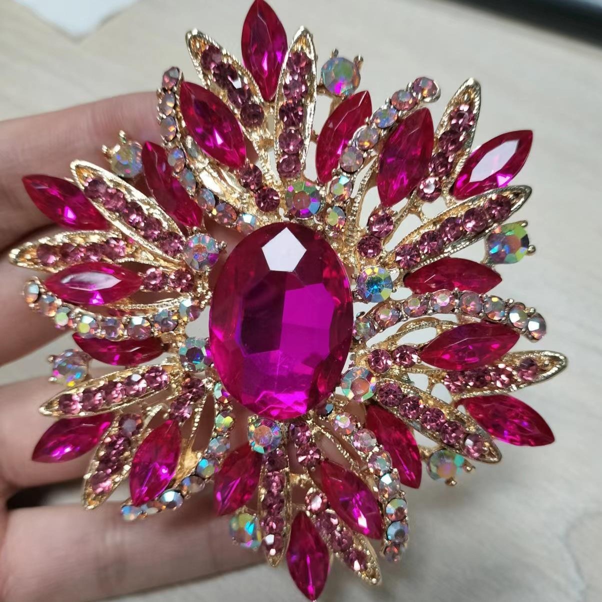 Vintage Style Large Sparkly Purple Flower Brooch Pin with Gemstones