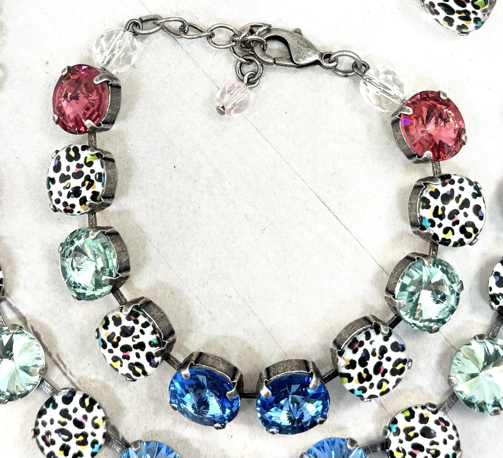 Antique Silver Plated Rainbow Leopard Cup Chain Statement Bracelet