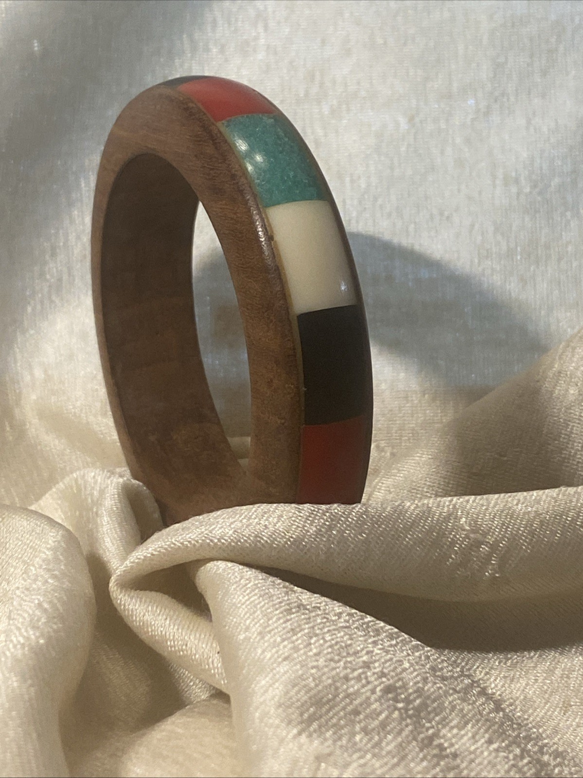 Vintage Wood Bracelet Inlaid Green Yellow Red Black Bohemian inner sz 2.75”