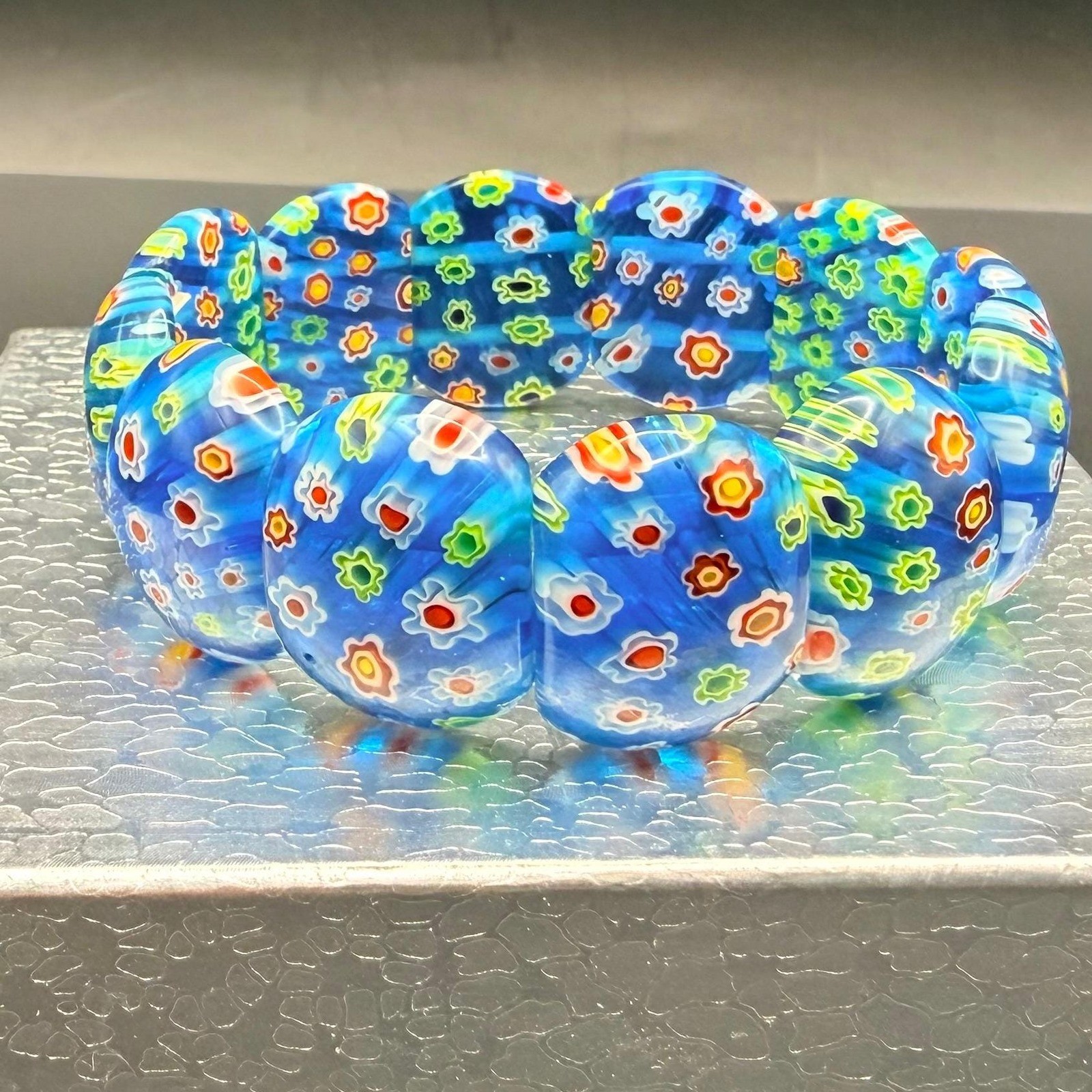 Millefiori Glass Stretch Bracelet Blue Floral Beads Vivid Colors 7″ Caned Glass