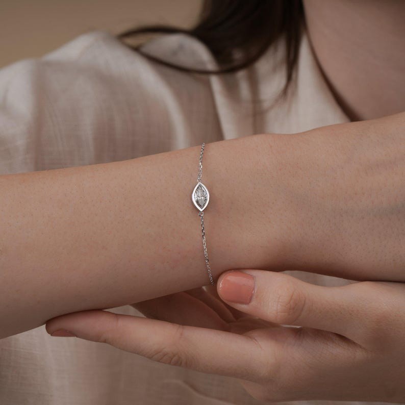 1.0 CT Marquise Cut Moissanite Bezel Set 14K Gold Solitaire Chain Bracelet