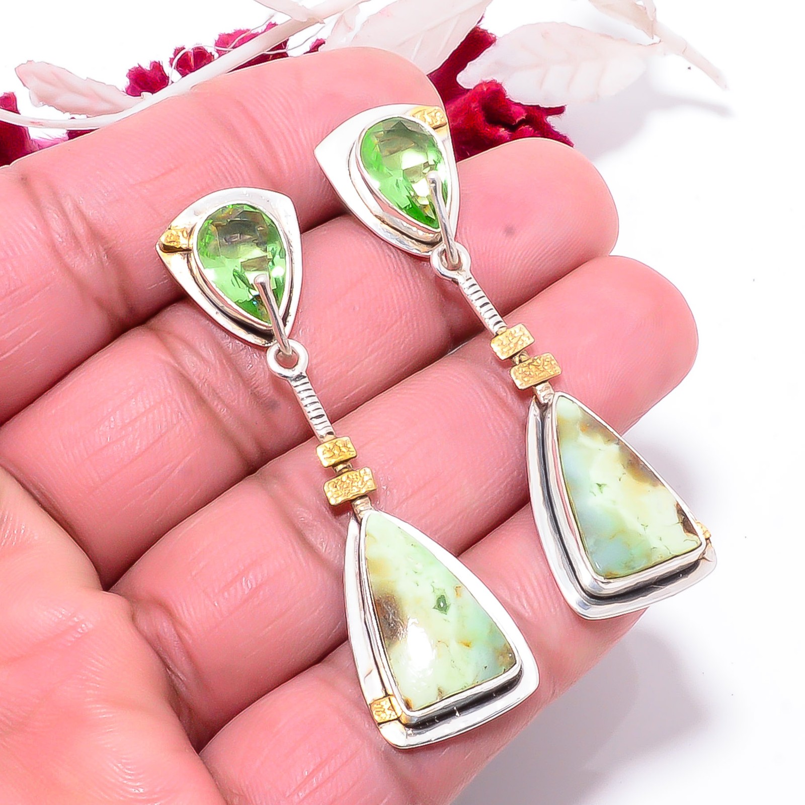 Chrome Chalcedony & Green Amethyst 925 Silver Earring 2.34″ E8391