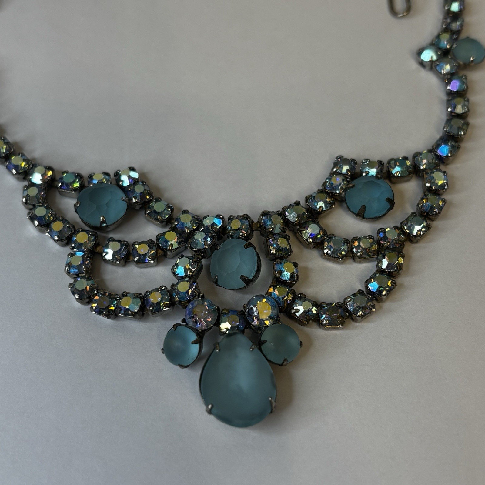 Vintage Blue AB Rhinestone Statement Necklace Jewelry Silvertone