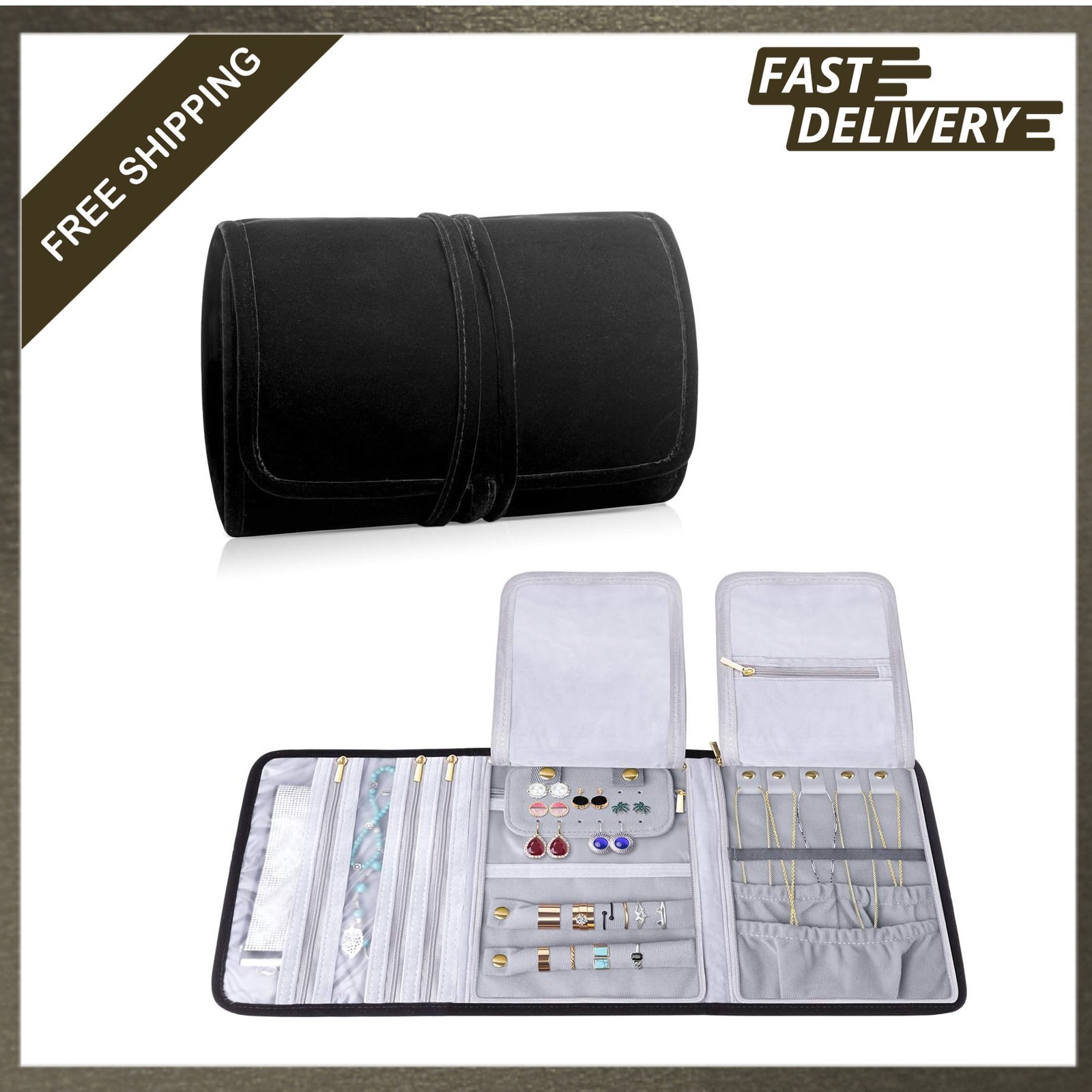 Velvet Travel Jewelry Roll Organizer for Necklaces Earrings Bracelets Rings