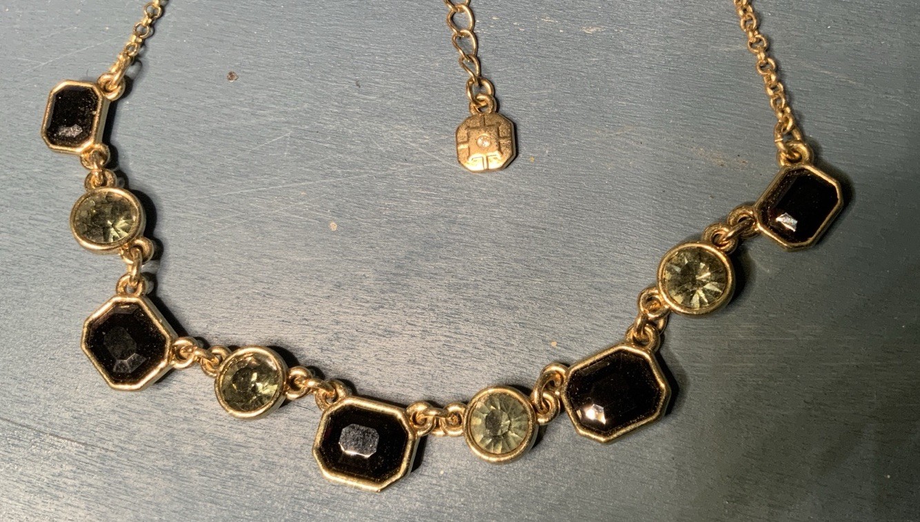 Gold Tone Black Olive Green Rhinestone Geometric Station Necklace Tag M Logo