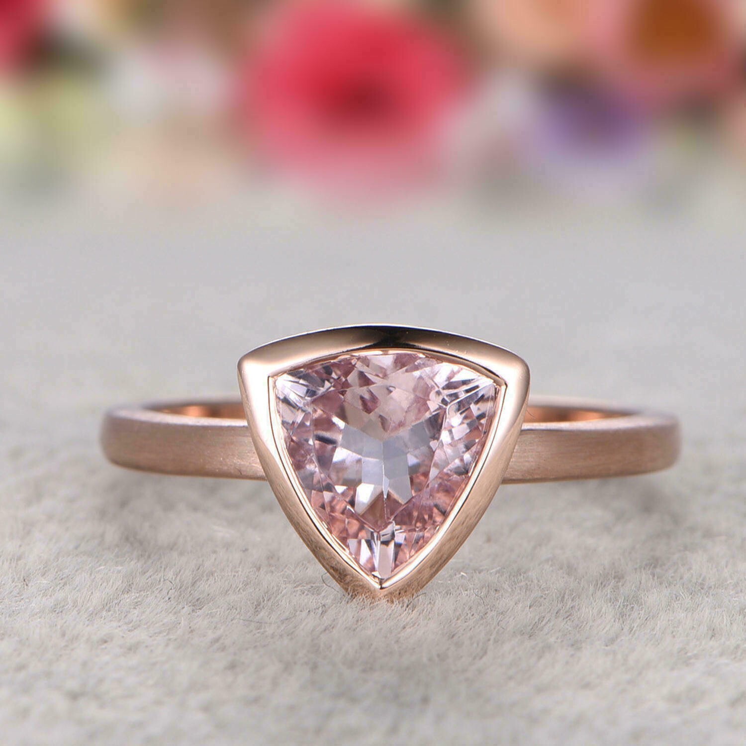 1.12Ct Trillion Cut Lab Created Morganite Women Ring 14k Rose Gold Plated Silver