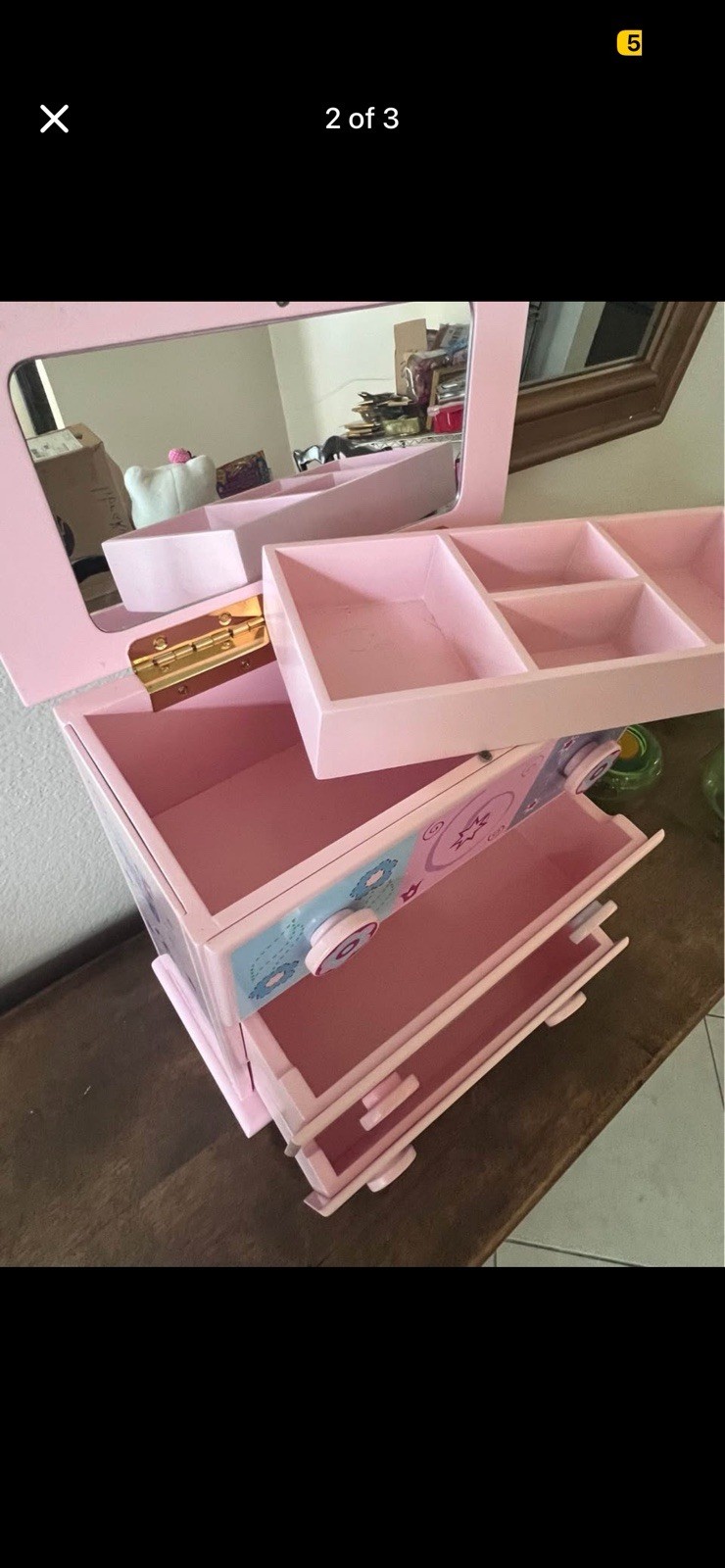 Pink Wood Princess Jewelry Box w/ Mirror, 3 Drawers & Compartments