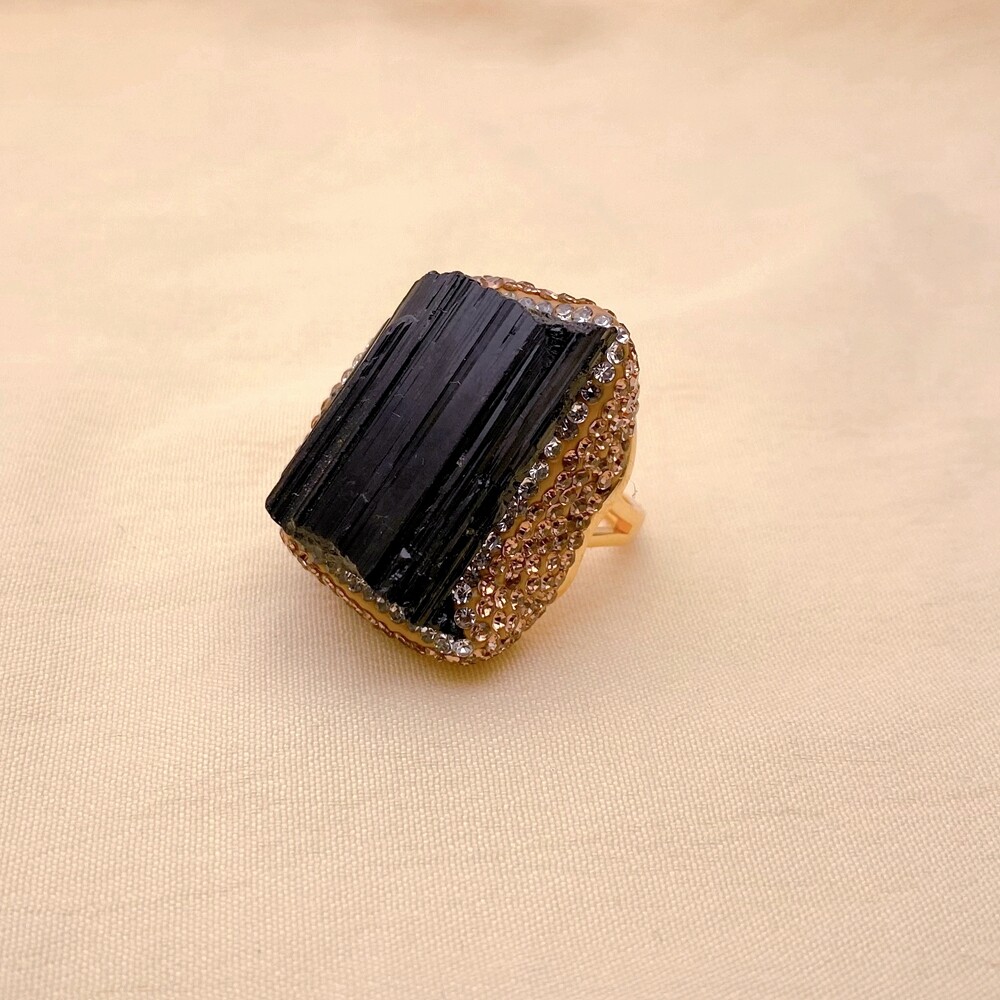 Natural Black Tourmaline Rough Raw Golden Crystal Pave Finger Ring Adjustable