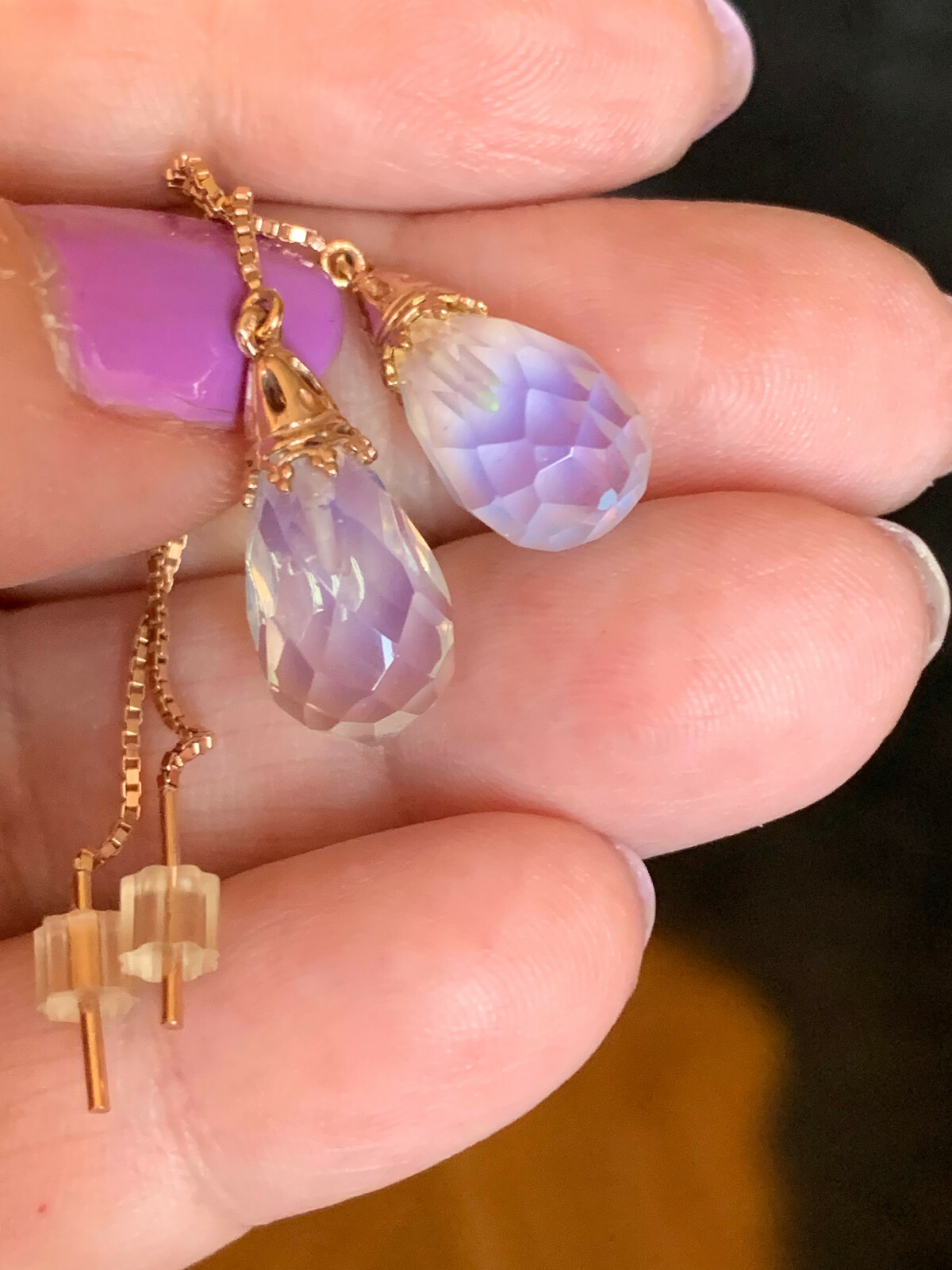 14K PINK ROSE GOLD MOONSTONE THREADER PULL THROUGH CHAIN DANGLE DROP EARRINGS