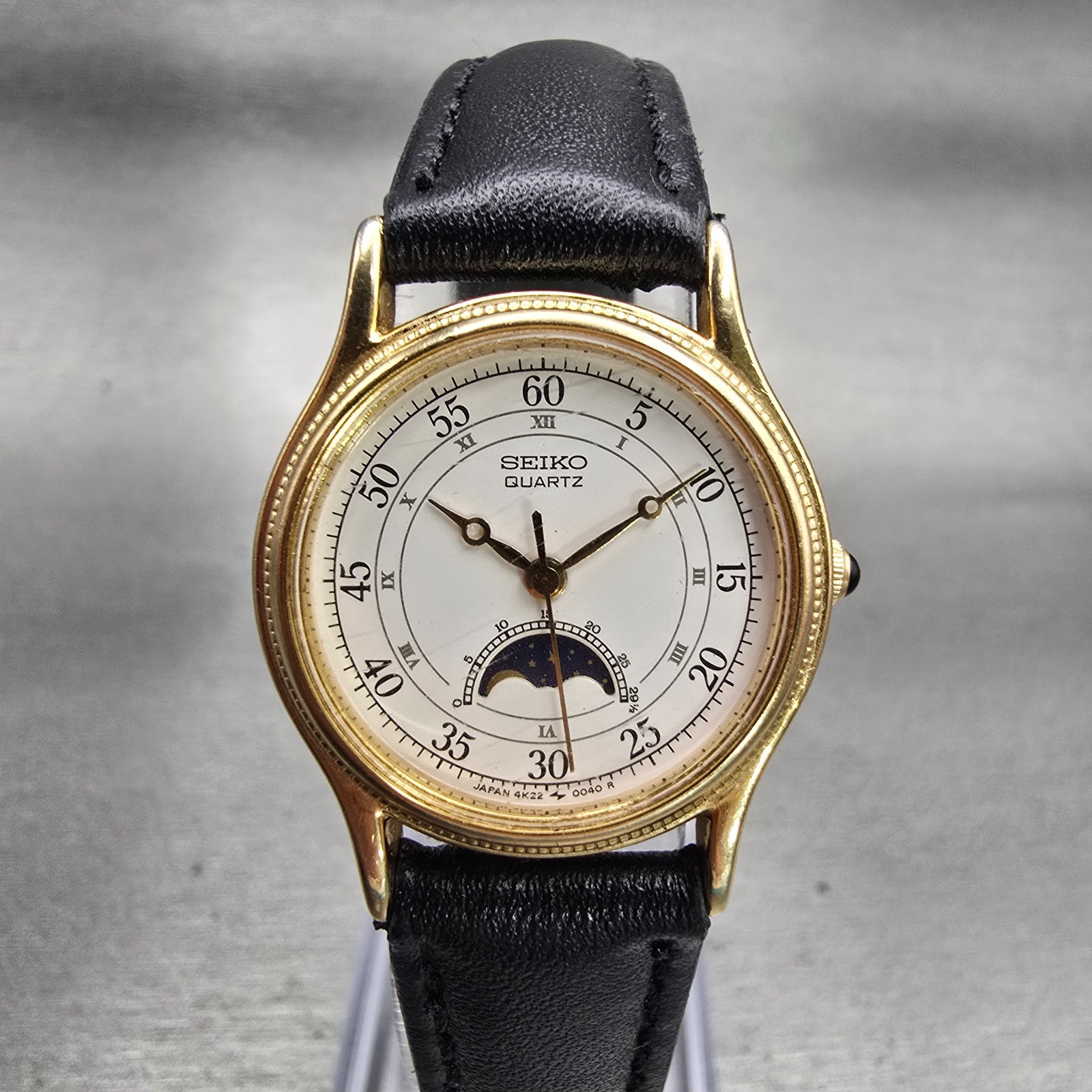 Seiko Moon Phase Watch Women 24mm White Dial Gold Tone 4K22-0050 New Battery VTG