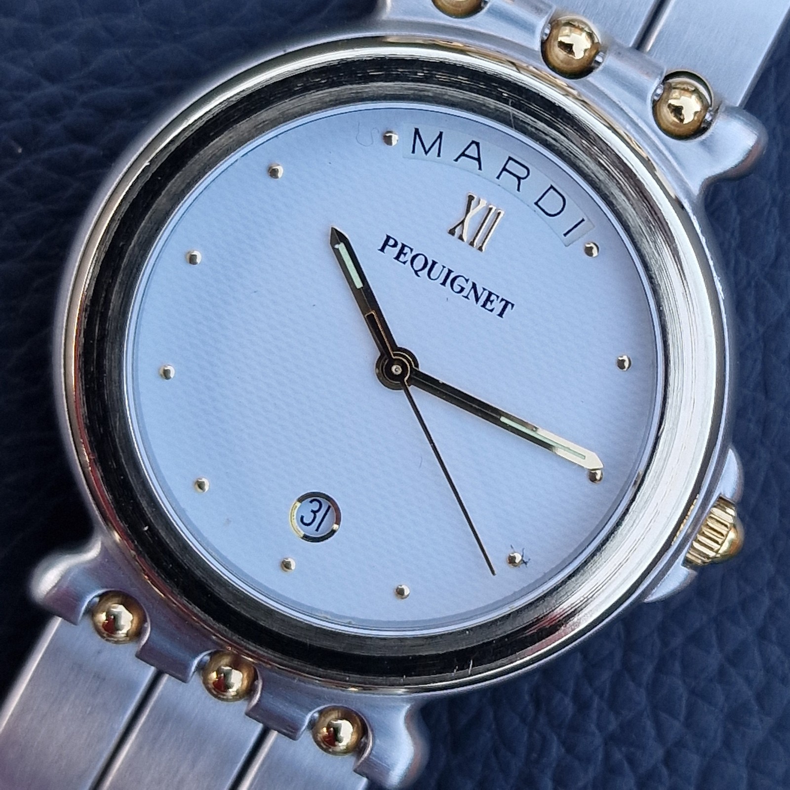 Gents EMILE PEQUIGNET Morea Date & Day Quartz watch, Box and papers, 33mm.