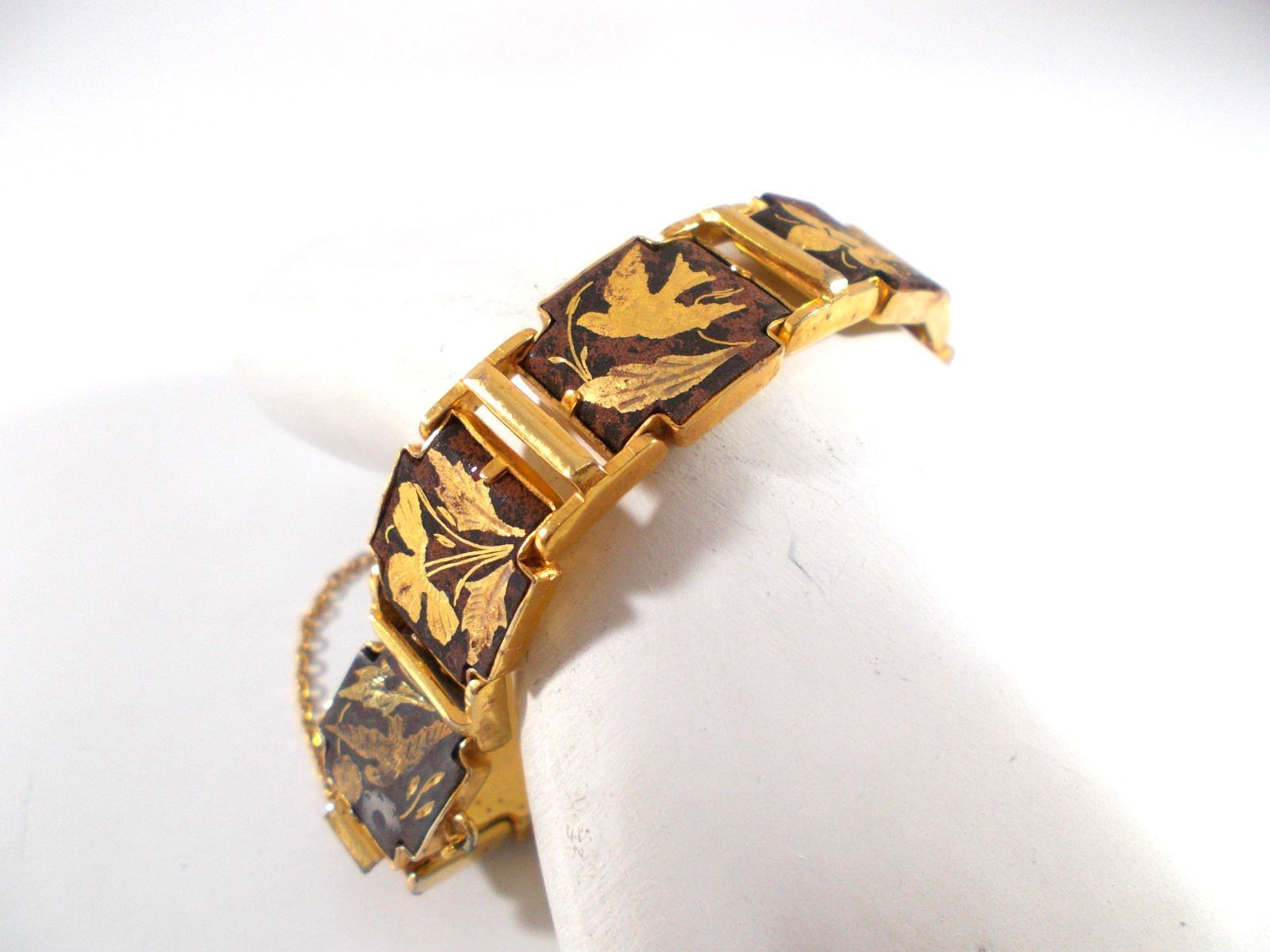 Damascene Style Panel Bracelet Bird Butterfly Flower Design with Safety Chain