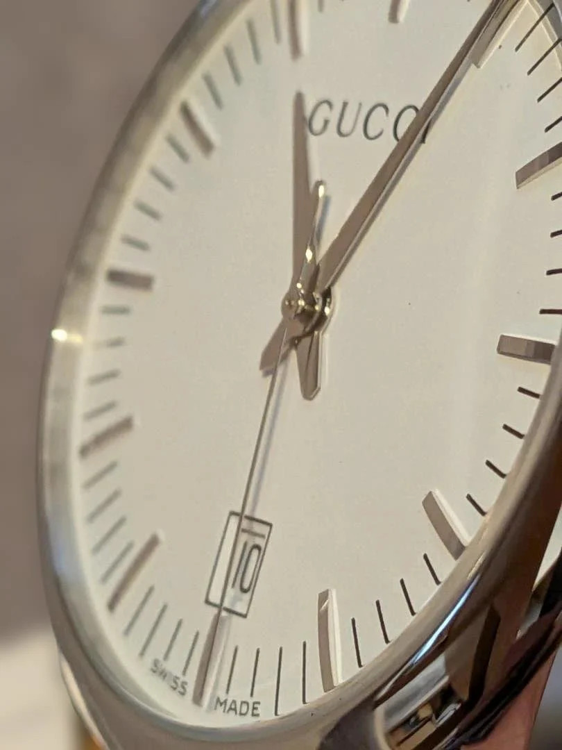 GUCCI 5600M Quartz Stainless Steel White Dial Brown Leather Watch
