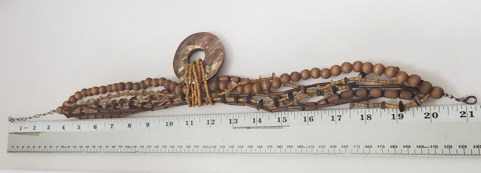 Necklace Statement Earth Tone Wood & Stone Beads Shell Mosaic Pendant 17″ to 21″