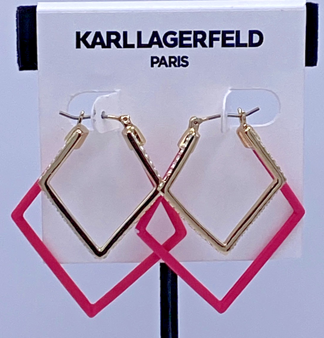 Karl Lagerfeld Paris Gold Tone / Pink Geometric Nested Hoop Earrings 2″ New
