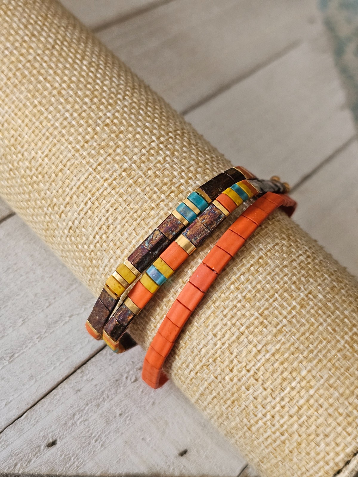 Miyuki Tila Orange Turq Mustard Brown Set Bracelets Glass Tile Stackable NTS6