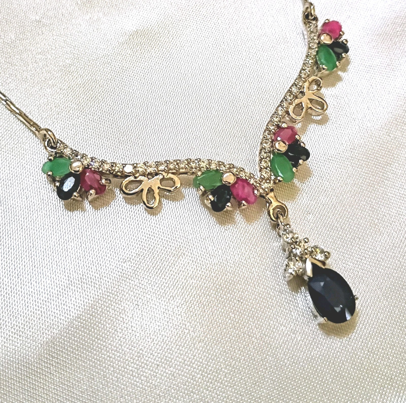 Vintage Liquid Silver Natural Sapphire Emerald Ruby CZ Victorian Necklace 18″