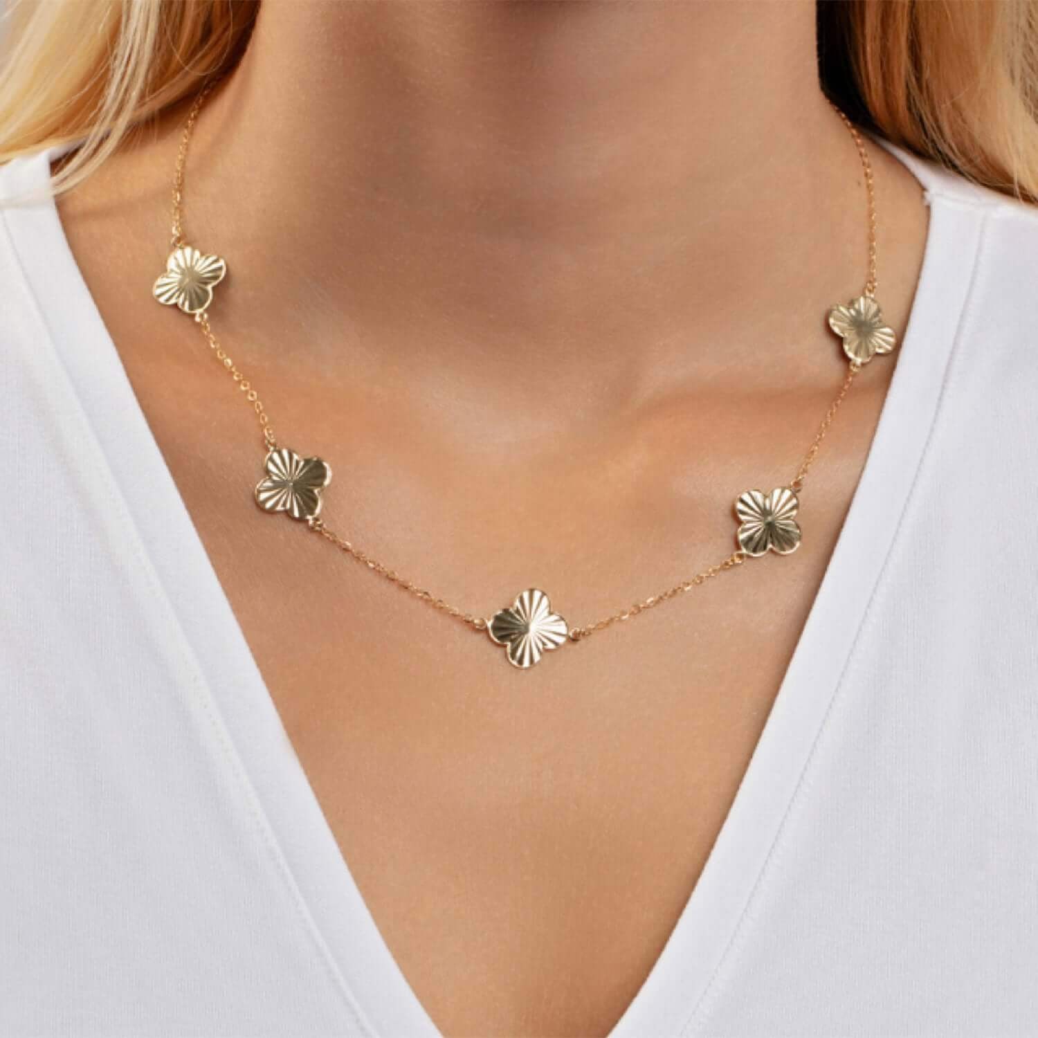14K Yellow Gold Diamond-Cut Clover Station Necklace Solid Links 16-18″ Adjust