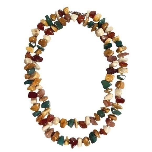 Natural Stone Chip Necklace Women 28″ Multicolor Boho Earthy Jewelry