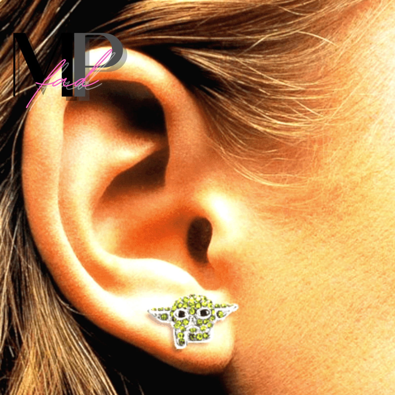 Baby Yoda Earrings Set Stud Butterfly Push Back Closure THE CHILD RHINESTONES
