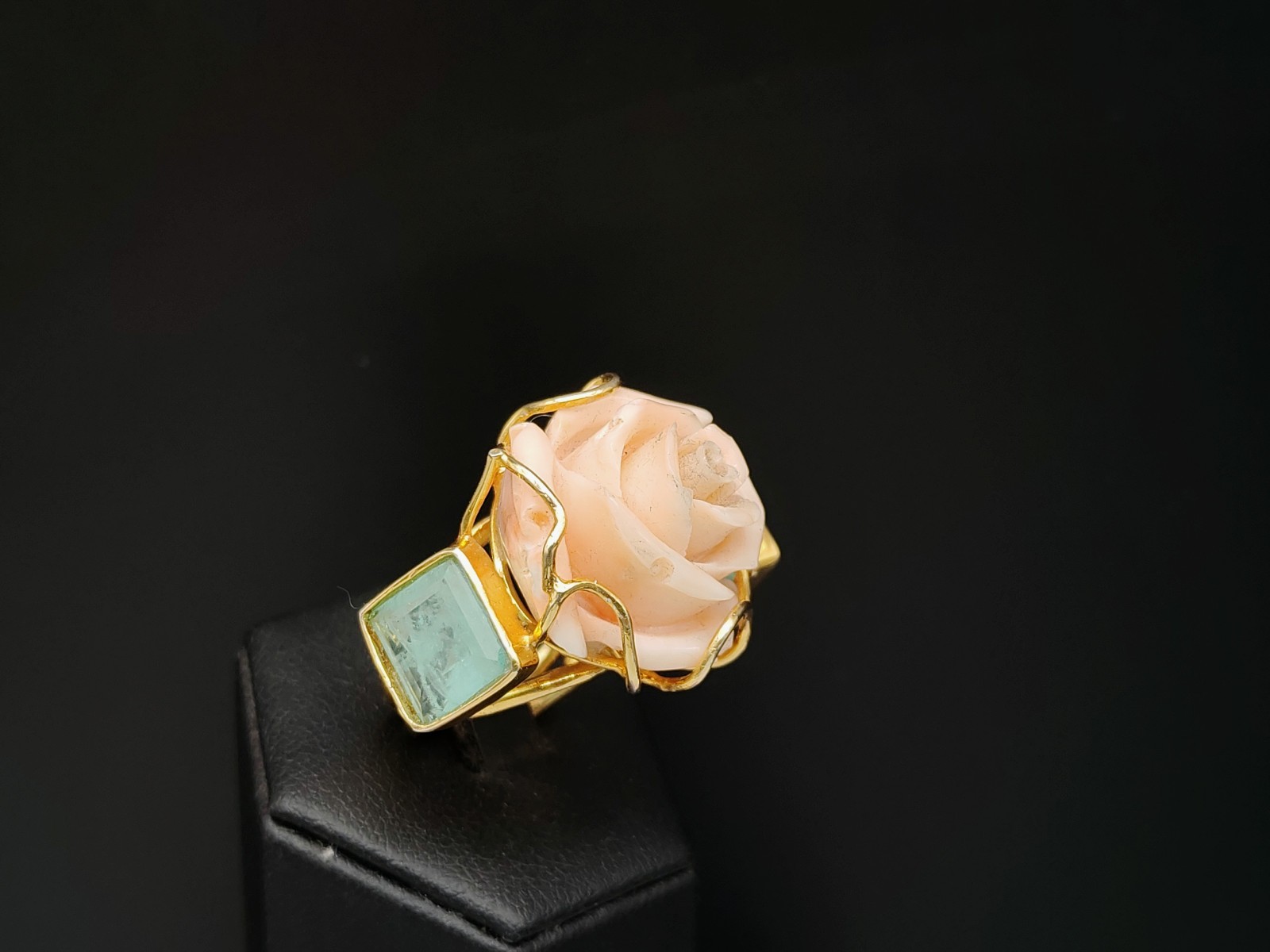 Women’s Ring Real Coral Pink Band 925 Silver Plac Yellow Gold Handmade