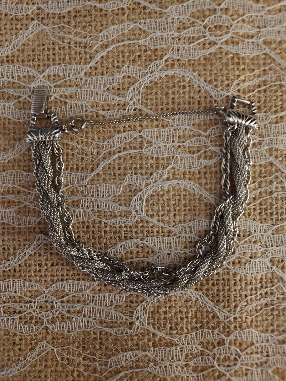Vintage Goldette NY Silver Mesh Chain Bracelet w/Safety Chain Fold Over Clasp 7″