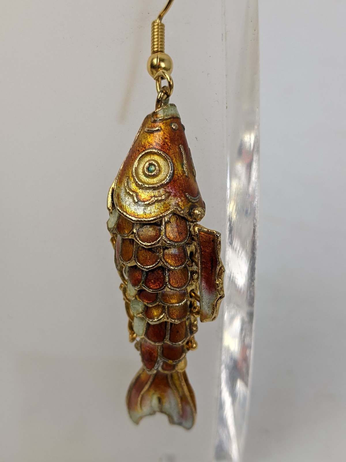 Vintage Mid 20th Century Articulated Enamel Cloissone Hinged Fish Earrings