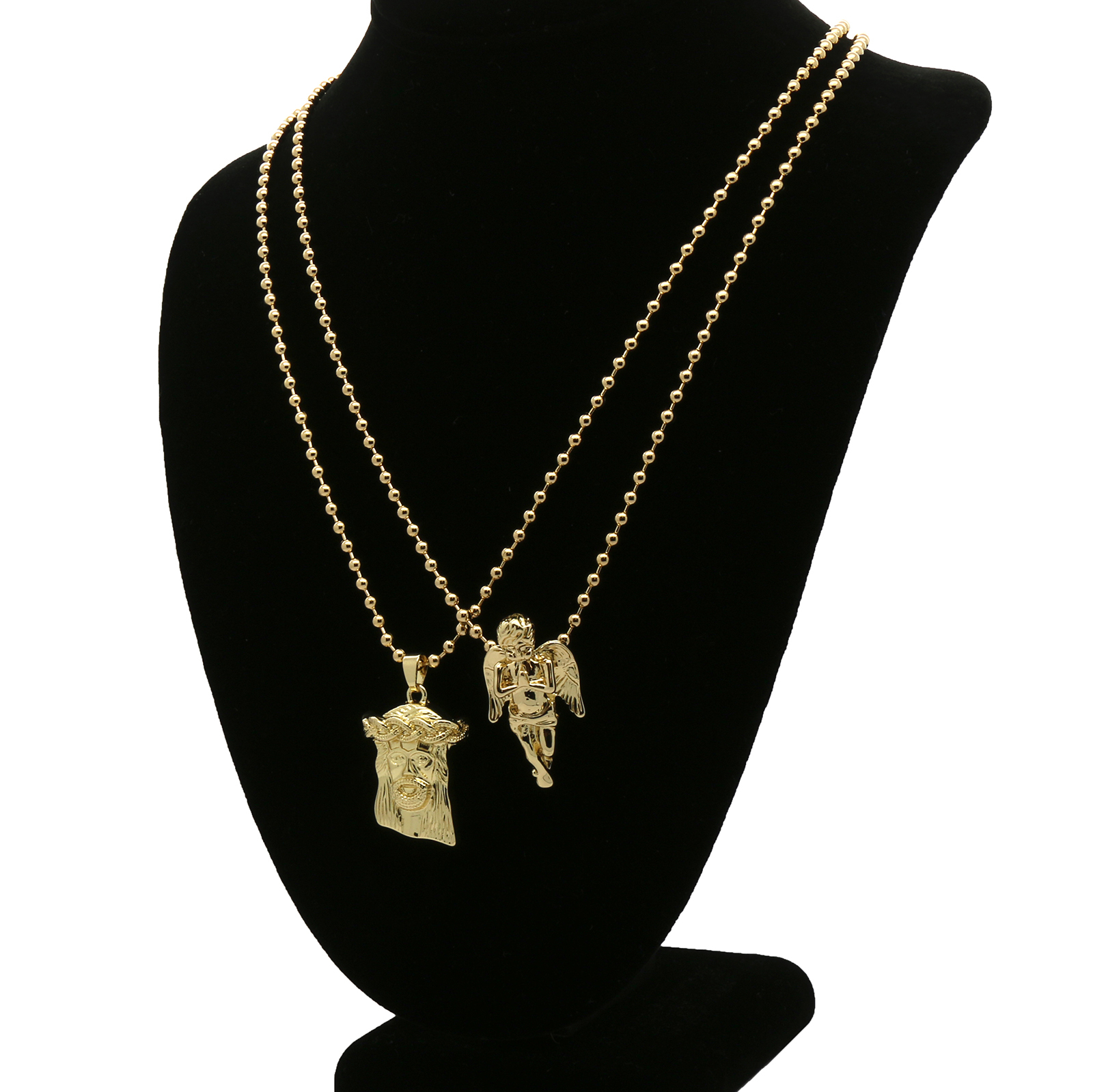 Mens Gold Plated Jesus Angel Piece Combo Set Plain Pendant Chain Necklace