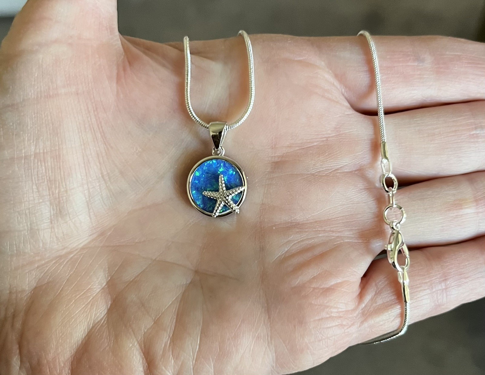 Sterling Silver Blue Lab Opal Star Fish Pendant &Necklace 18”FaceHeight:15 mm 💙