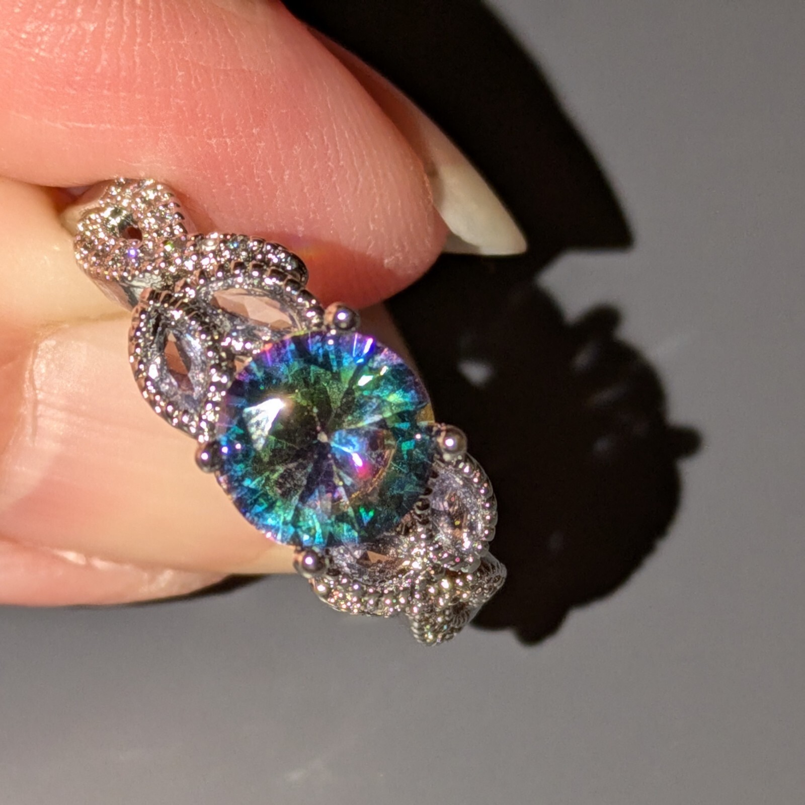 925 Stamped Sterling Silver Plated And Rainbow Zirconia Dinner Ring, Size 9