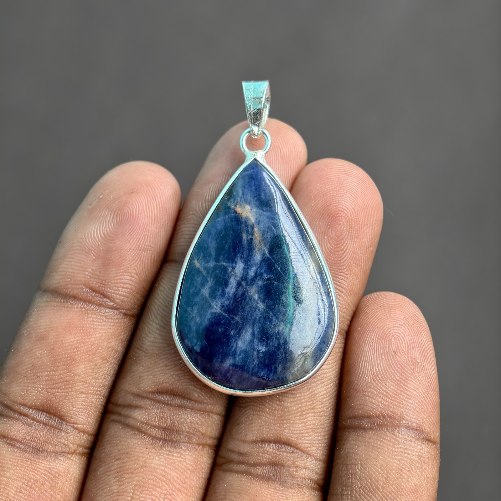Natural Blue Sodalite Teardrop Pendant Handmade German Silver Pear Cut Jewellery