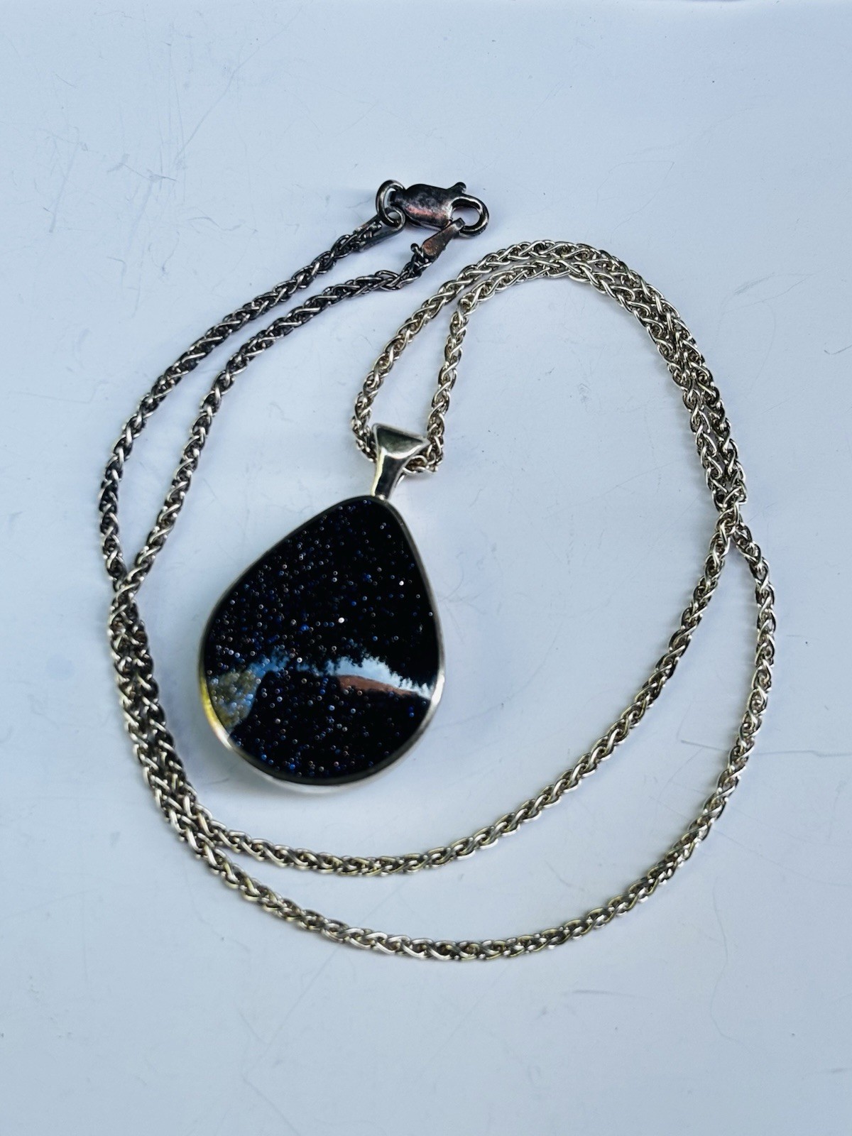 Double faced fully hallmarked silver with blue sunstone/mop necklace 17.45 grams