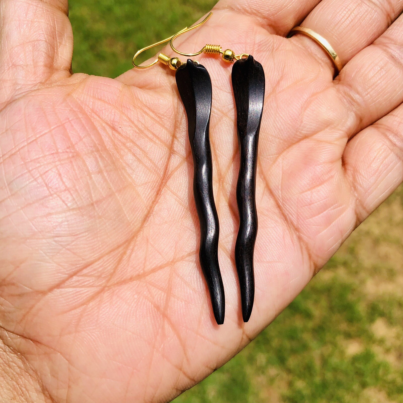 Ebony Wood Long Shoulder Duster Linear Handmade Snake Earrings 85 mm length, D 4