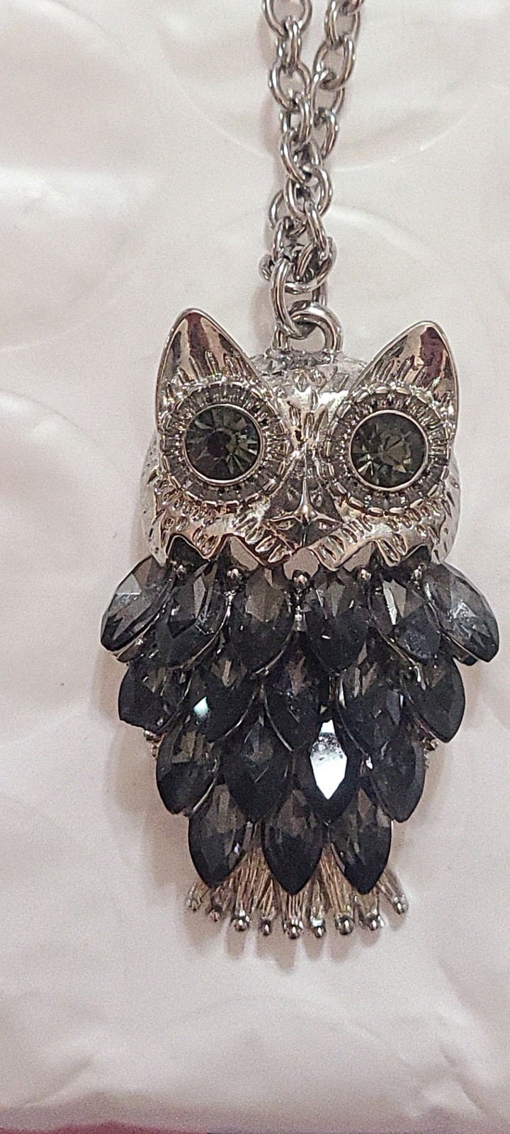 Silver Tone Owl Pendant Necklace w/ Long Chain Black Purple Crystal Rhinestones