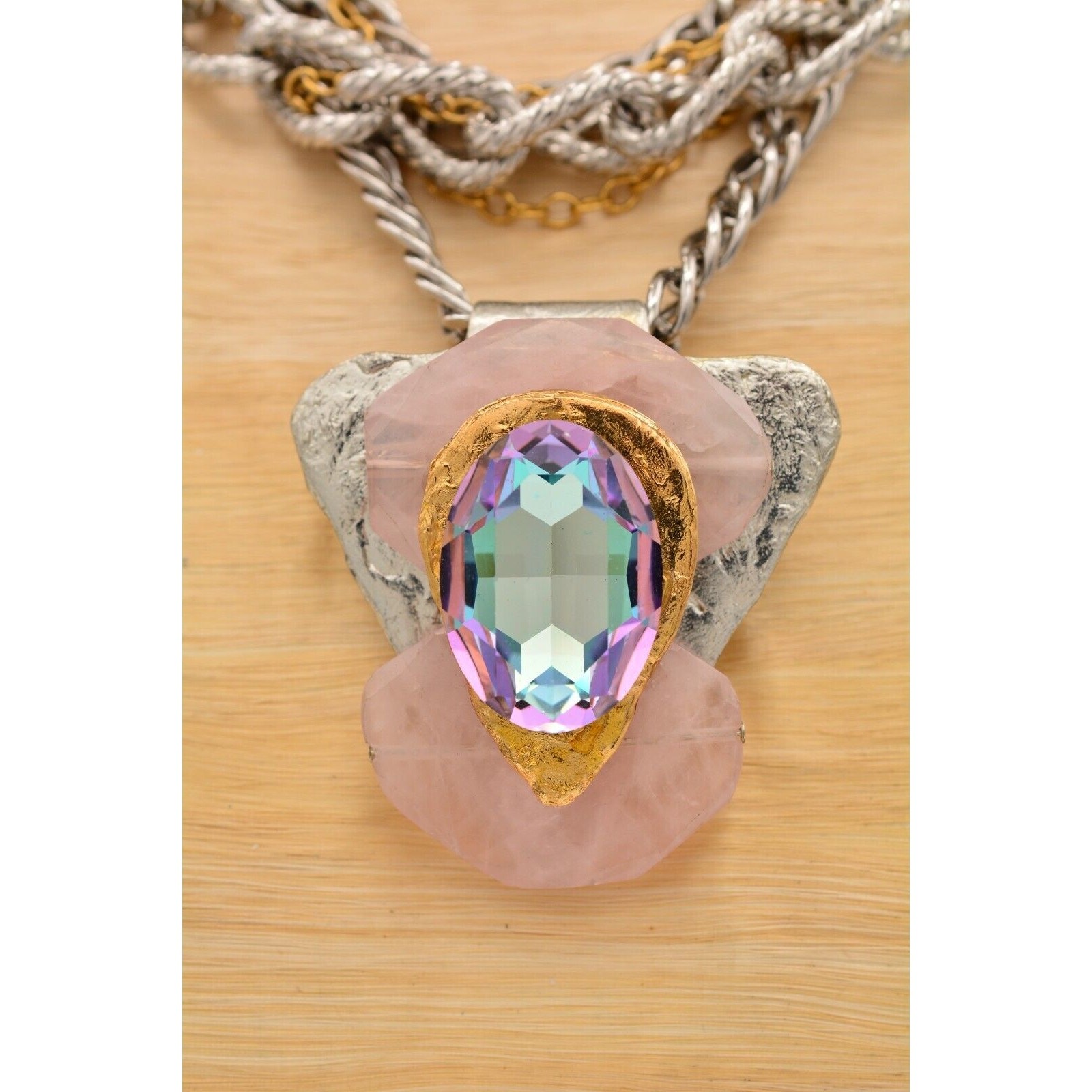 J. Jansen Vintage Brutalist Statement Necklace AB Crystal Designer Signed Bin6A