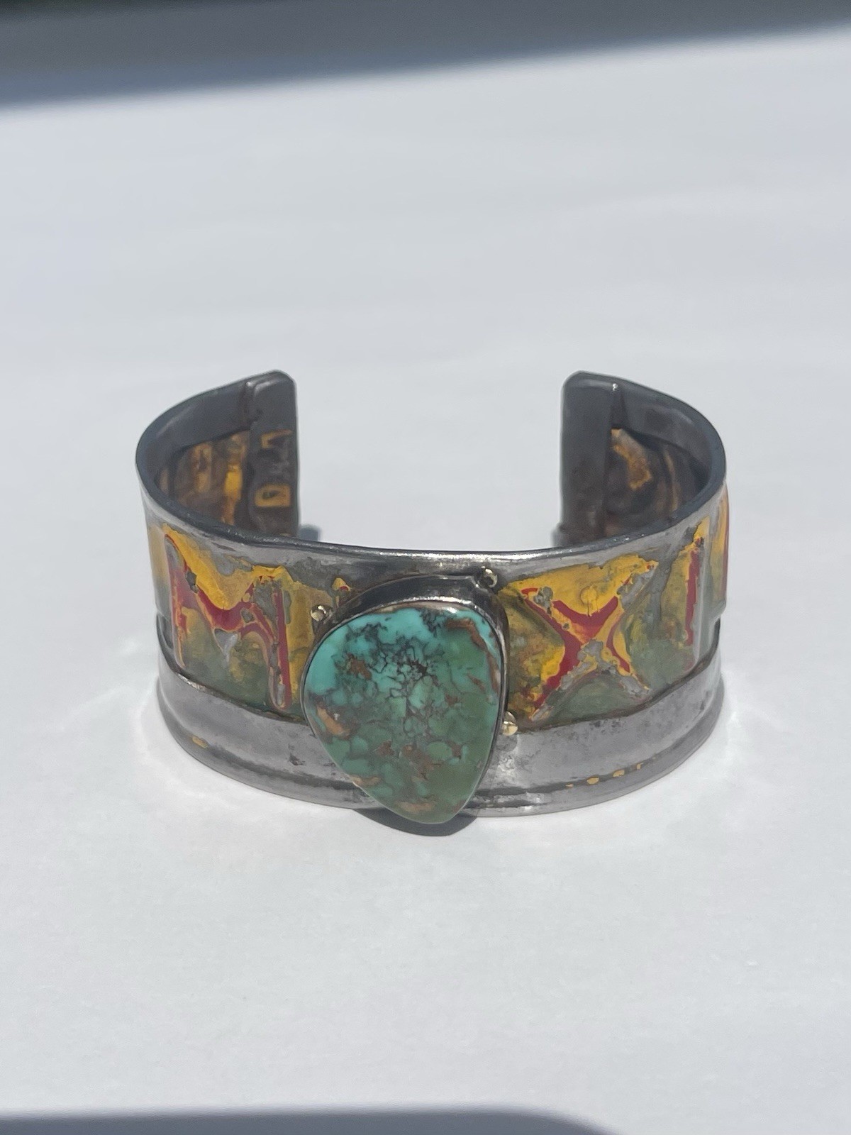 Kit Carson New Mexico License Plate Cuff Bracelet Turquoise 18k accents artisan