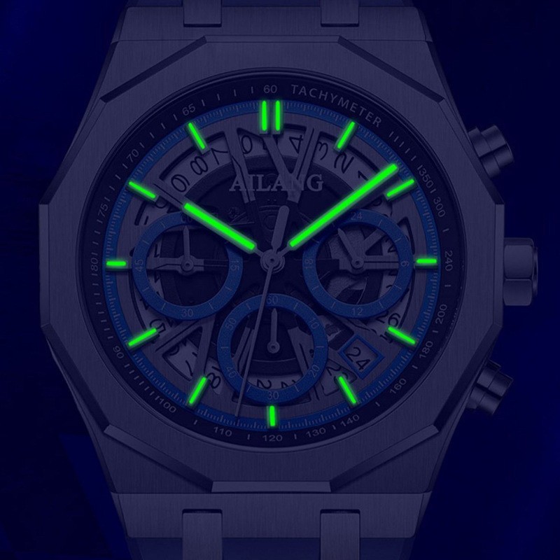 AILANG Men Skeleton Dodecagonal Multifunction Chronograph Luminous Quartz Watch