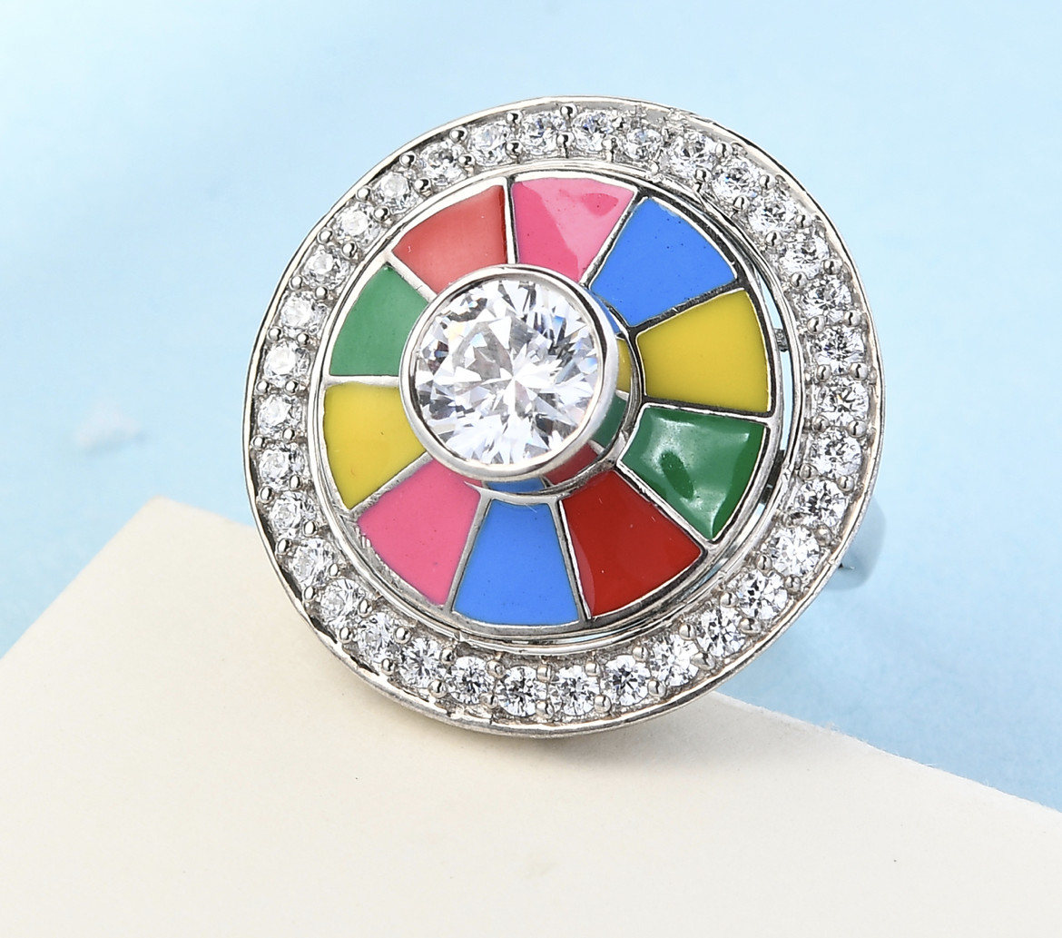 STATEMENT Ring Round 70’s 80’s Multi Color Enamel CZ Halo (6) Plat/Sterling NEW