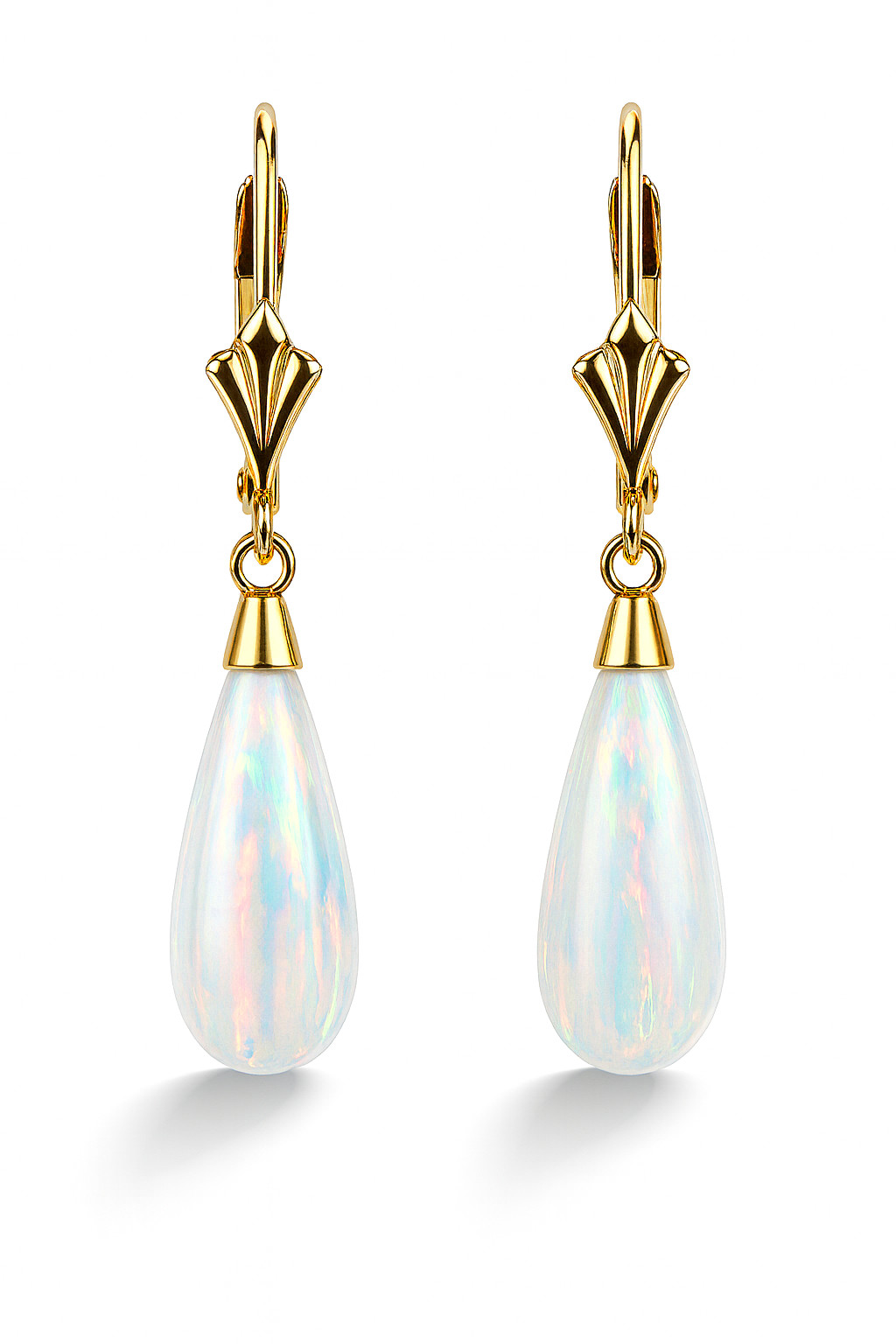 14k-Yellow and White Gold Dangle White Opal Leverback Earrings