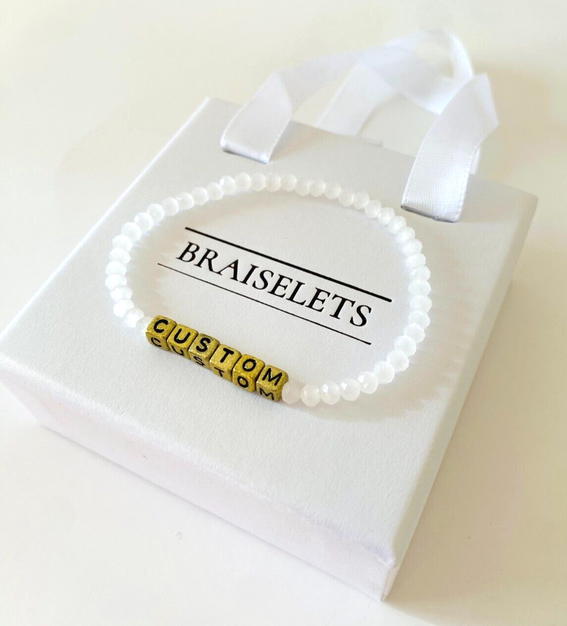 Personalized Name Bracelet 4mm White Beads Gold Letters For Women Dainty Jewelry
